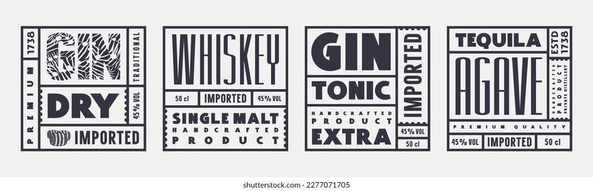 Set of template square label for gin, tequila and whiskey. Vector illustration. Black print on white background