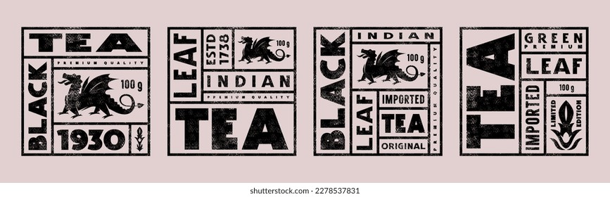 Set of template square label for green, black and herbal tea. Vector illustration. Design with vintage texture