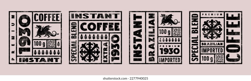 Set of template square label for instant coffee. Vector illustration. Design with vintage texture