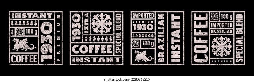 Set of template square label for instant coffee. Design with vintage texture. Print on black background