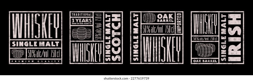 Set of template square label for scotch and irish whiskey. Design with vintage texture. Print on black background