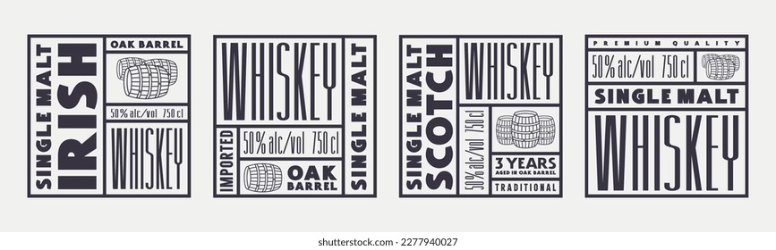 Conjunto de etiquetas cuadradas de plantilla para whisky escocés e irlandés. Ilustración vectorial. Impresión negra sobre fondo blanco