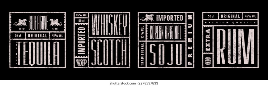 Set of template square label for whiskey, soju, tequila and rum. Design with vintage texture. Print on black background