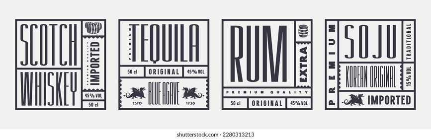 Set of template square label for whiskey, soju, tequila and rum. Typography with dragon and barrel silhouette. Vector illustration