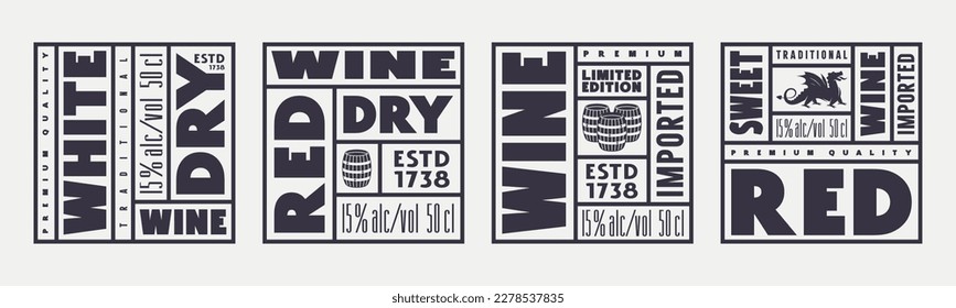 Set of template square label for white and red wine. Vector illustration. Black print on white background