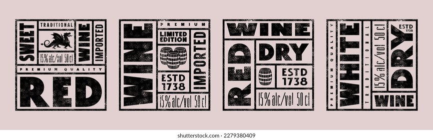 Conjunto de etiquetas cuadradas de plantilla para vinos blancos y rojos. Ilustración vectorial. Diseño con textura vintage