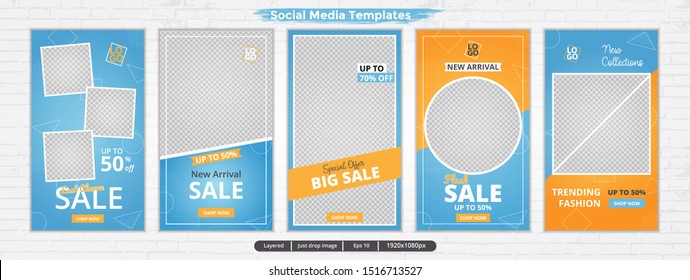 Set template stories for social media ads, template stories for fashion sale, design with yellow and blue color
