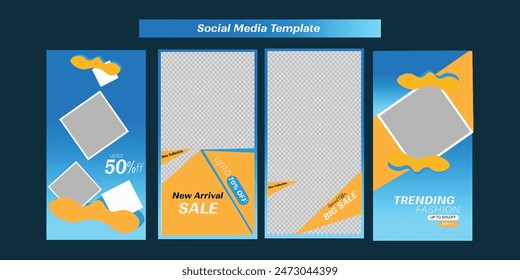 Set template stories for social media ads, template stories for fashion sale, design with orange and blue color