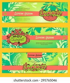 Set of template summer design posters, invitations and banners on floral background of wildflowers. Vector illustration