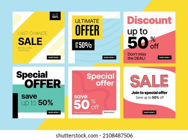 Set Template templates banner baner for shop and social media | Ratio 1:1 square | Sale, ultimate offer, discount, special offer, save, money, social media, shop