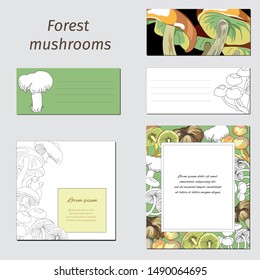 Set of template for text with patterns of forest mushrooms on a white and green background. Corporate identity for the design of text frames, and cards for signatures.