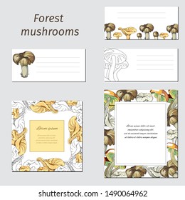 Set of template for text with patterns of forest mushrooms on a white background. Corporate identity for the design of text frames, and cards for signatures.