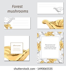 Set of template for text with patterns of forest mushrooms. Contour and yellow chanterelles on a white background. Corporate identity for the design of text frames, and cards for signatures.