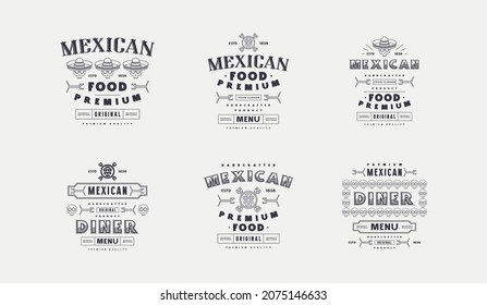 Set of template typography label for Mexican food menu. Design elements in thin line style. Vector illustration