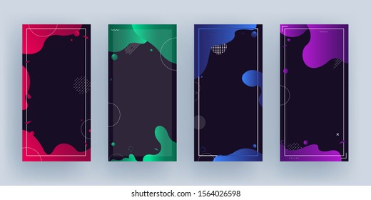 Set of template or vertical banner design with space for your message and different color fluid art effect on black background.