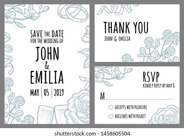 Set template wedding invitation. Rose flower, rings, champagne, clover, cherry branch. Save the date lettering. Vector monochrome vintage engraving isolated on white for greeting card