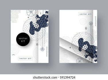 Set, templates A4 pages. Abstract geometric background with 3D element. Monochrome collage. Trendy compositions for business, technology, web, advertising. Modern style design. Vector illustration