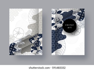 Set, templates A4 pages. Abstract geometric background with 3D element. Monochrome collage. Trendy compositions for business, technology, web, advertising. Modern style design. Vector illustration