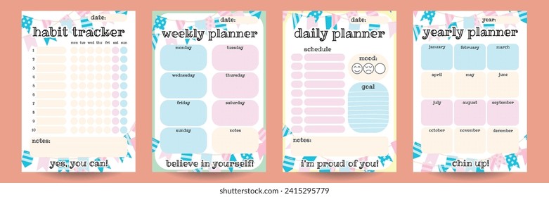 A set of templates for a4 planner, notepad. Habits tracker, daily, weekly, annual list. Schedule, goals, mood, notes. A fun, childish style with flags. Vector illustration