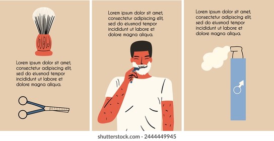 Set of templates about men's shaving. Vector illustration in hand drawn style