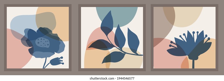 Set of templates with abstract composition of simple shapes and natural botanical elements. Collage style, minimalism. Pastel earthy colors. Vector banners for postcards and covers for social networks