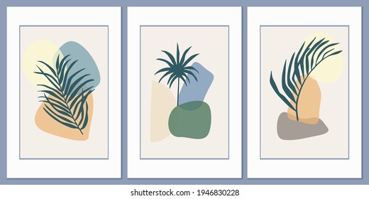 Set of templates with an abstract composition of simple shapes and tropical palm leaves. Collage style, minimalism. Pastel earthy colors. Vector banners for postcards and covers for social networks.