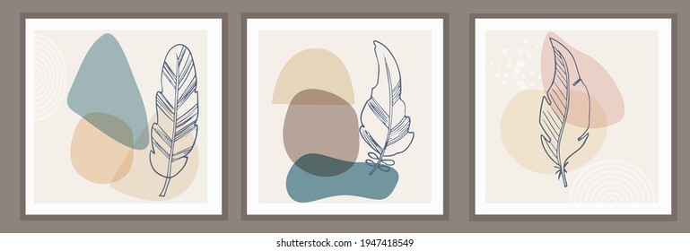 Set of templates with abstract composition of simple shapes and natural botanical elements. Collage style, minimalism. Pastel earthy colors. Vector banners for postcards and covers for social networks