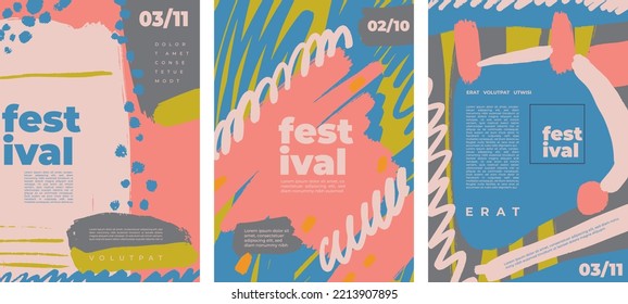 Set of templates with abstract elements and typography. Background images for cover, banner, poster. Colorful brush strokes, stains. Simple childish sketch with different spots