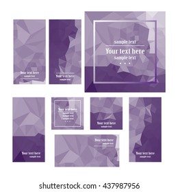 Set templates with abstract geometric triangles (violet). Polygonal graphics - Stock Vector