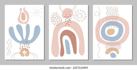 Set of templates in an abstract style on a white background. Modern and stylish poster templates with organic abstract shapes in pastel colors. Covers include spots, lines, groups of dots. Vector.