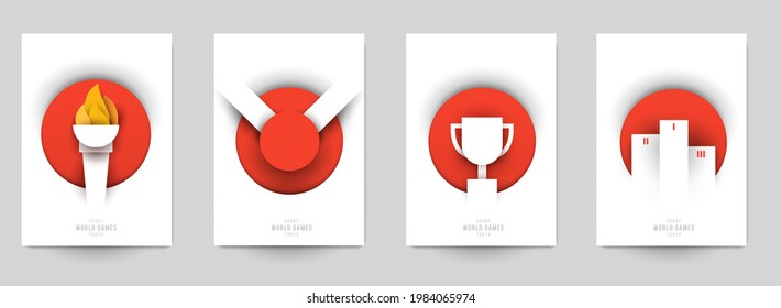 Set templates for action sport games in modern paper cut style. Minimalistic design elements. Creative concept for branding background banner, poster, card, cover. Vector illustration.