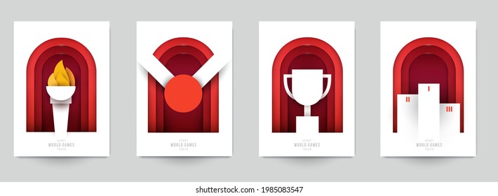 Set templates for action sport games in modern paper cut style. Minimalistic design elements. Creative concept for branding background banner, poster, card, cover. Vector illustration.