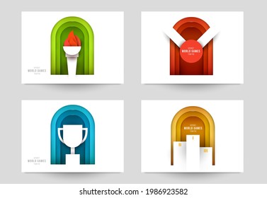 Set templates for action sport games in modern paper cut style. Minimalistic design elements. Creative concept for branding background banner, poster, card, cover. Vector illustration.