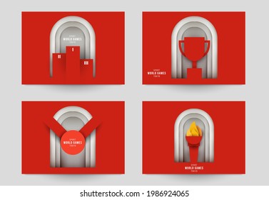 Set templates for action sport games in modern paper cut style. Minimalistic design elements. Creative concept for branding background banner, poster, card, cover. Vector illustration.