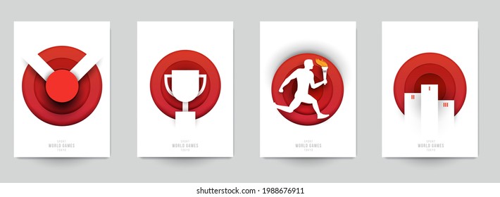 Set templates for action sport games in modern paper cut style. Minimalistic design elements. Creative concept for branding background banner, poster, card, cover. Vector illustration.