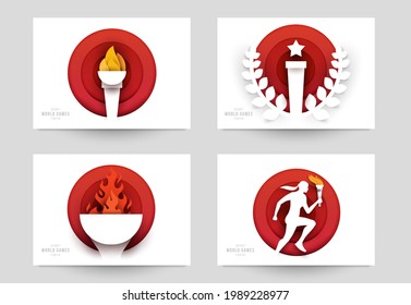 Set templates for action sport games in modern paper cut style. Minimalistic design elements. Creative concept for branding background banner, poster, card, cover. Vector illustration.