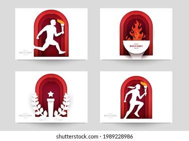 Set templates for action sport games in modern paper cut style. Minimalistic design elements. Creative concept for branding background banner, poster, card, cover. Vector illustration.