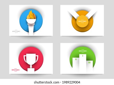 Set templates for action sport games in modern paper cut style. Minimalistic design elements. Creative concept for branding background banner, poster, card, cover. Vector illustration.