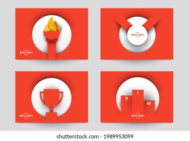 Set templates for action sport games in modern paper cut style. Minimalistic design elements. Creative concept for branding background banner, poster, card, cover. Vector illustration.