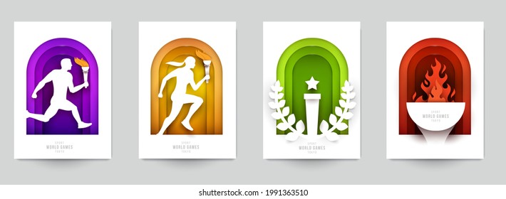 Set templates for action sport games in modern paper cut style. Minimalistic design elements. Creative concept for branding background banner, poster, card, cover. Vector illustration.