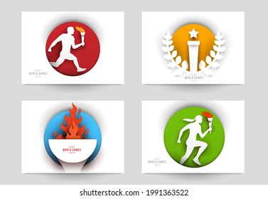 Set templates for action sport games in modern paper cut style. Minimalistic design elements. Creative concept for branding background banner, poster, card, cover. Vector illustration.