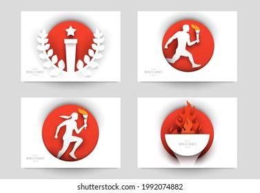 Set templates for action sport games in modern paper cut style. Minimalistic design elements. Creative concept for branding background banner, poster, card, cover. Vector illustration.