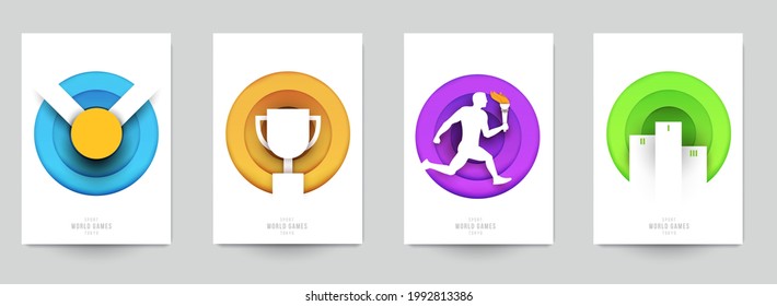 Set templates for action sport games in modern paper cut style. Minimalistic design elements. Creative concept for branding background banner, poster, card, cover. Vector illustration.