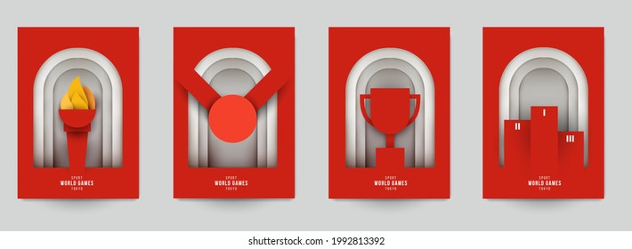 Set templates for action sport games in modern paper cut style. Minimalistic design elements. Creative concept for branding background banner, poster, card, cover. Vector illustration.