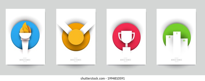 Set templates for action sport games in modern paper cut style. Minimalistic design elements. Creative concept for branding background banner, poster, card, cover. Vector illustration.