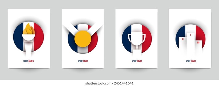 Set templates for action sport games in modern paper cut style. Minimalistic design elements. Creative concept for branding background banner, poster, card, cover. Vector illustration.