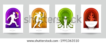 Set templates for action sport games in modern paper cut style. Minimalistic design elements. Creative concept for branding background banner, poster, card, cover. Vector illustration.