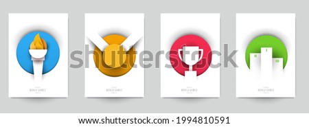 Set templates for action sport games in modern paper cut style. Minimalistic design elements. Creative concept for branding background banner, poster, card, cover. Vector illustration.
