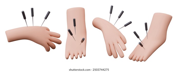 Set of templates for acupuncture concepts. 3D hand and foot with needles