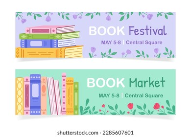 Set of templates for advertising book event. Horizontal background with flowers and books for advertising the book festival, fair, sale.